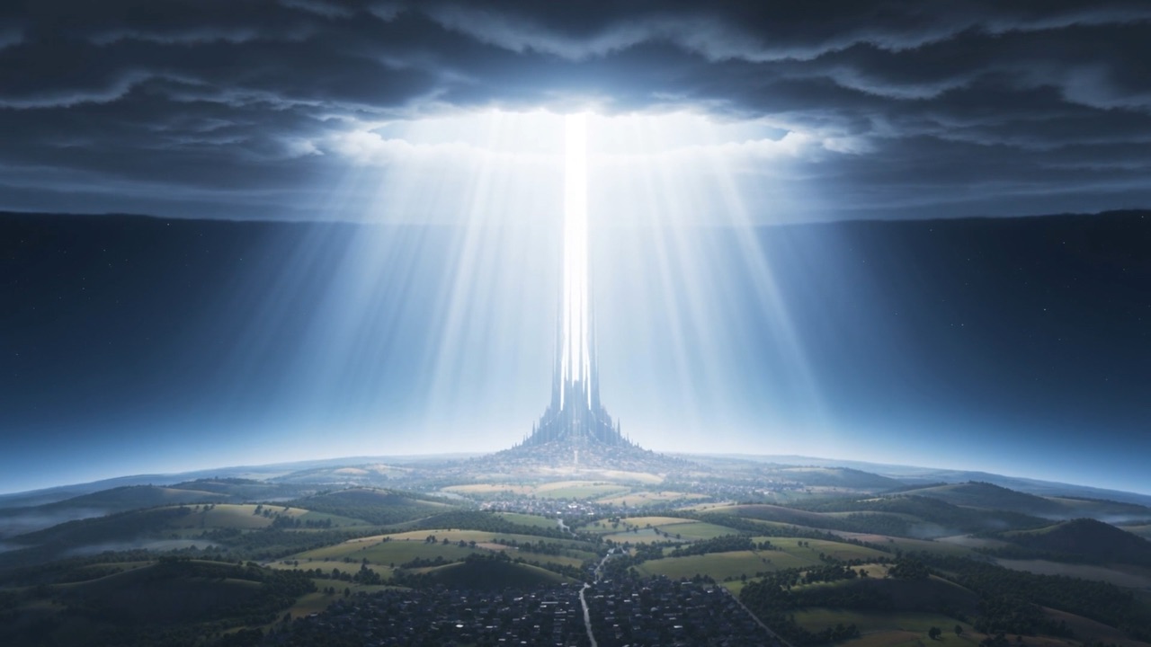The land goes shadowless — every hill and street lit from directly above