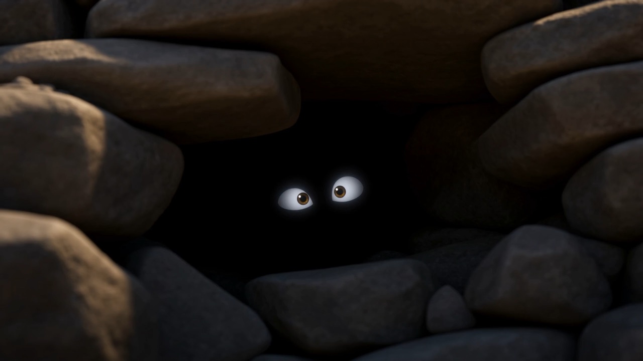 A black seam between the rocks — and behind it, the glitter of hiding eyes