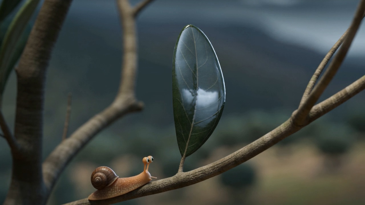 A snail crossing a branch at snail's pace, entirely safe