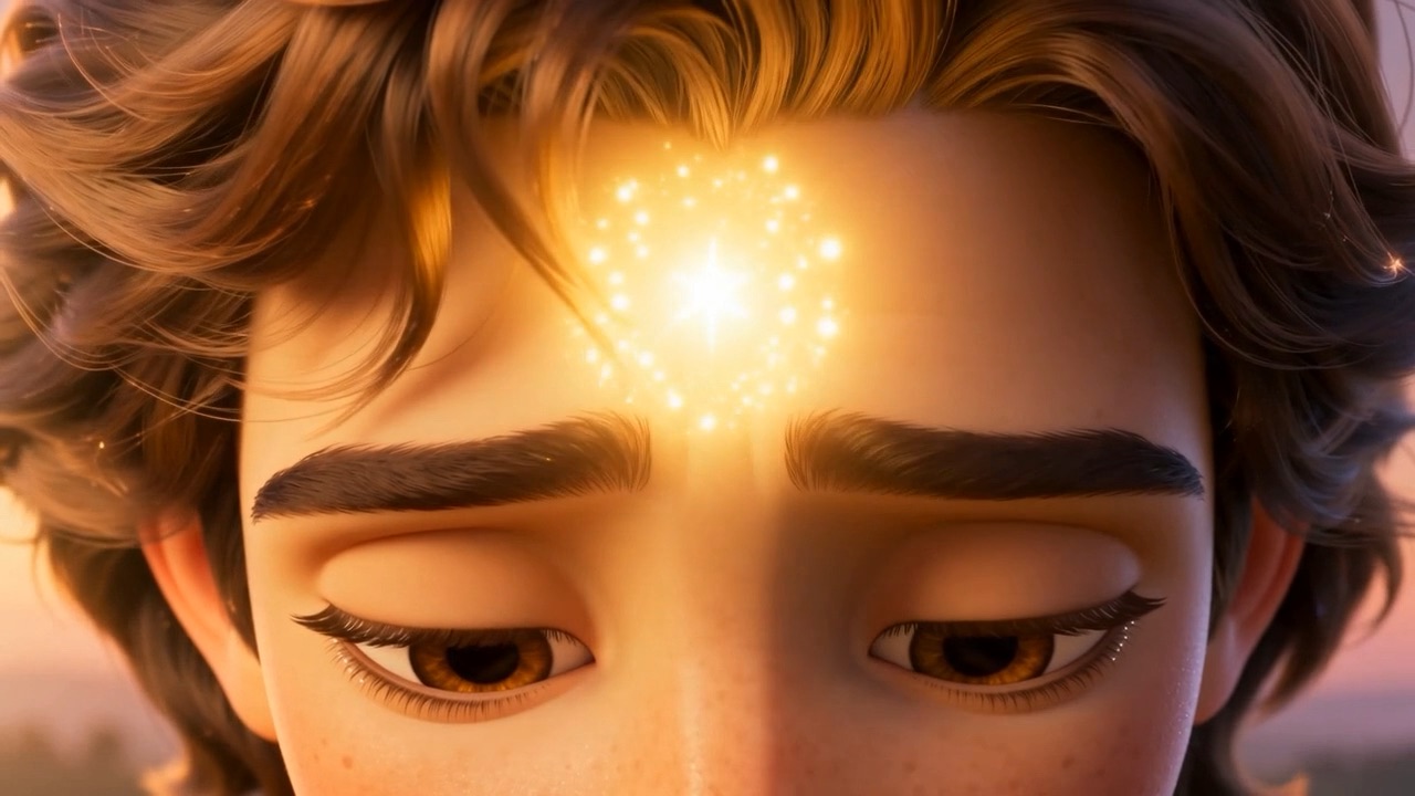 The light sweeps past — and at the forehead, a small gold flare, gentle as a kiss