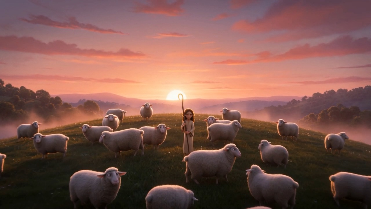 On a hillside at dawn, a shepherd child counting sheep against the sunrise