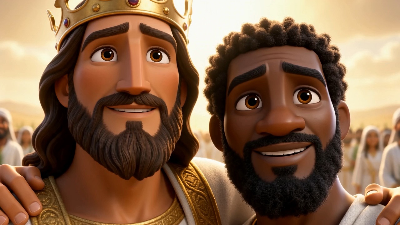 A king with his hand on a freed man's shoulder