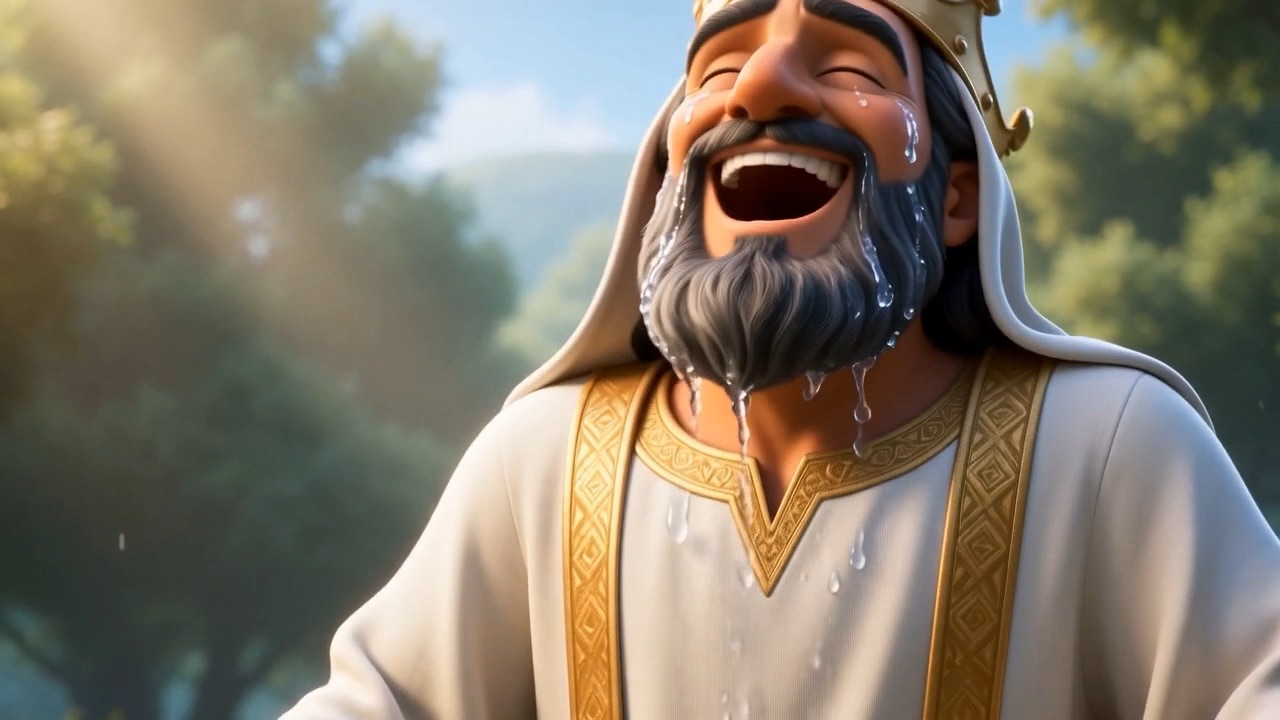 The old king she soaked blinks — then laughs, head back, like a boy