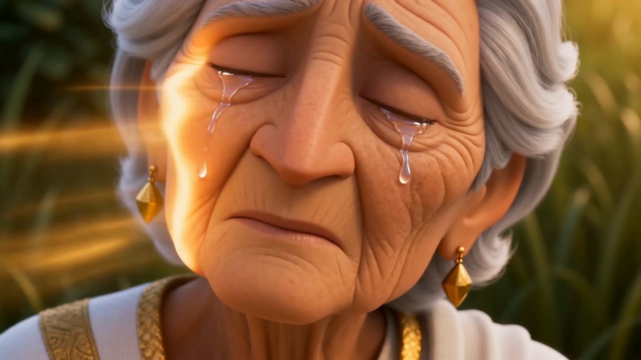 An old woman by the water, tears on the deep lines of her cheek