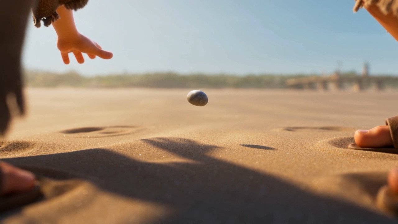 Between them the pebble hangs. A heartbeat longer than a pebble should