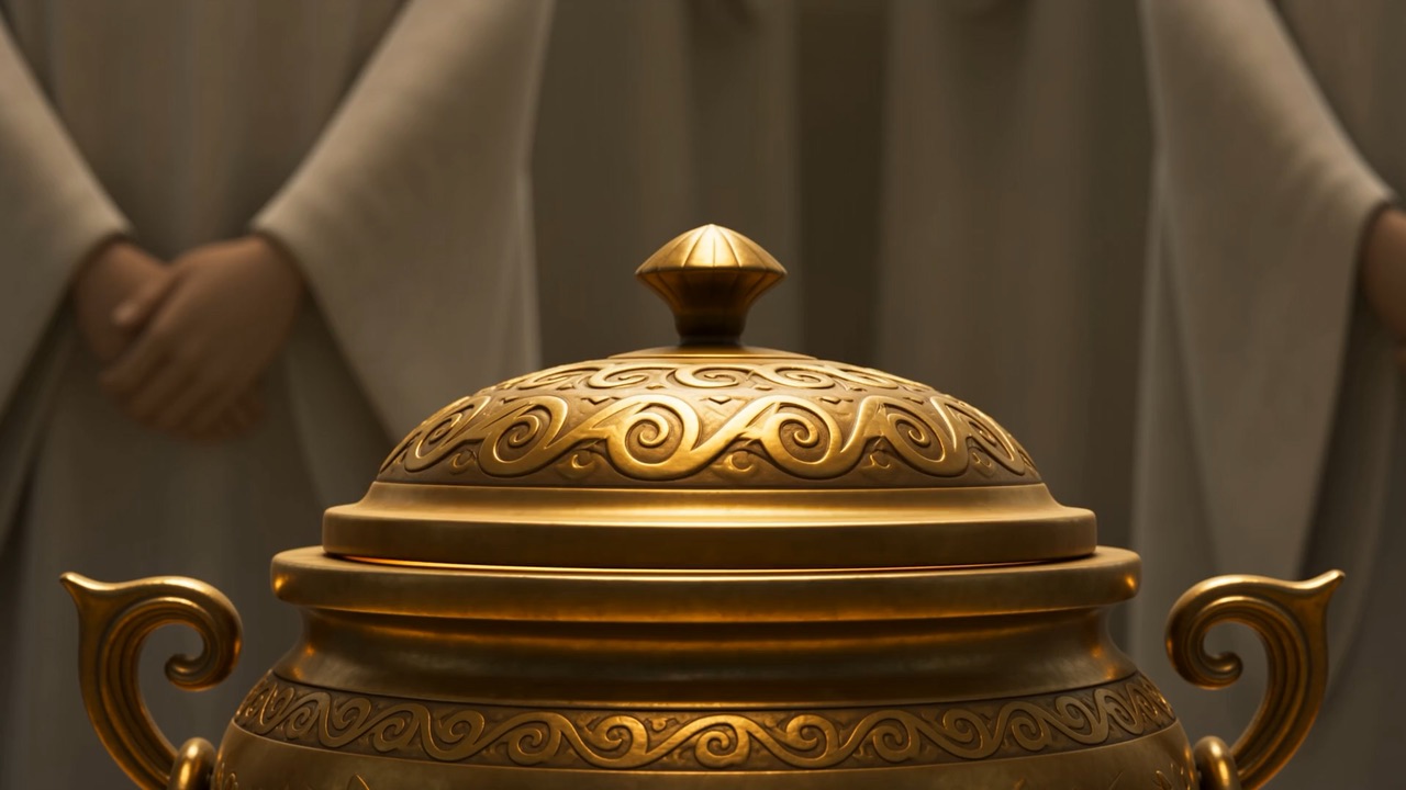 A golden censer, lifted in both hands, its lid still closed