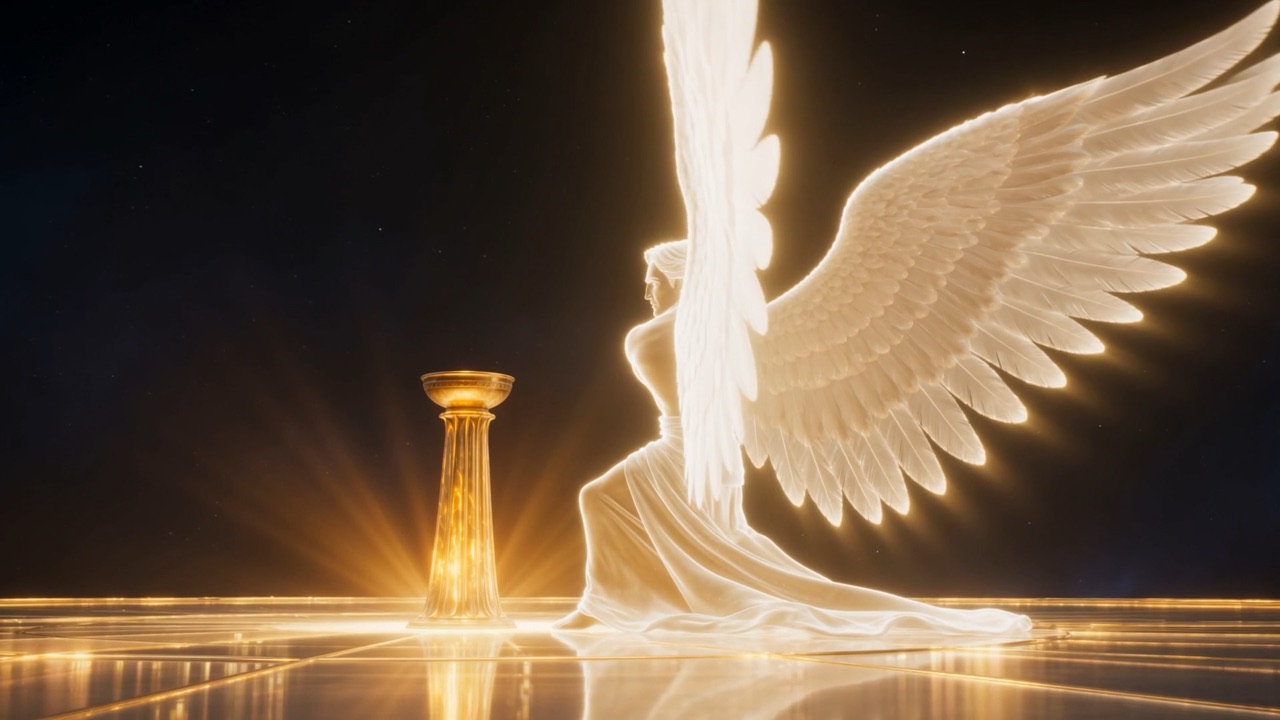 He turns from the altar, toward the far rim of heaven