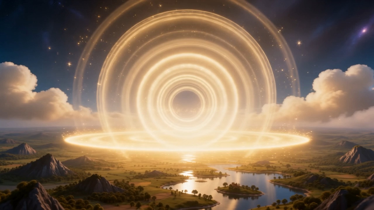 Ring inside ring, standing over a green valley like a struck bell made visible