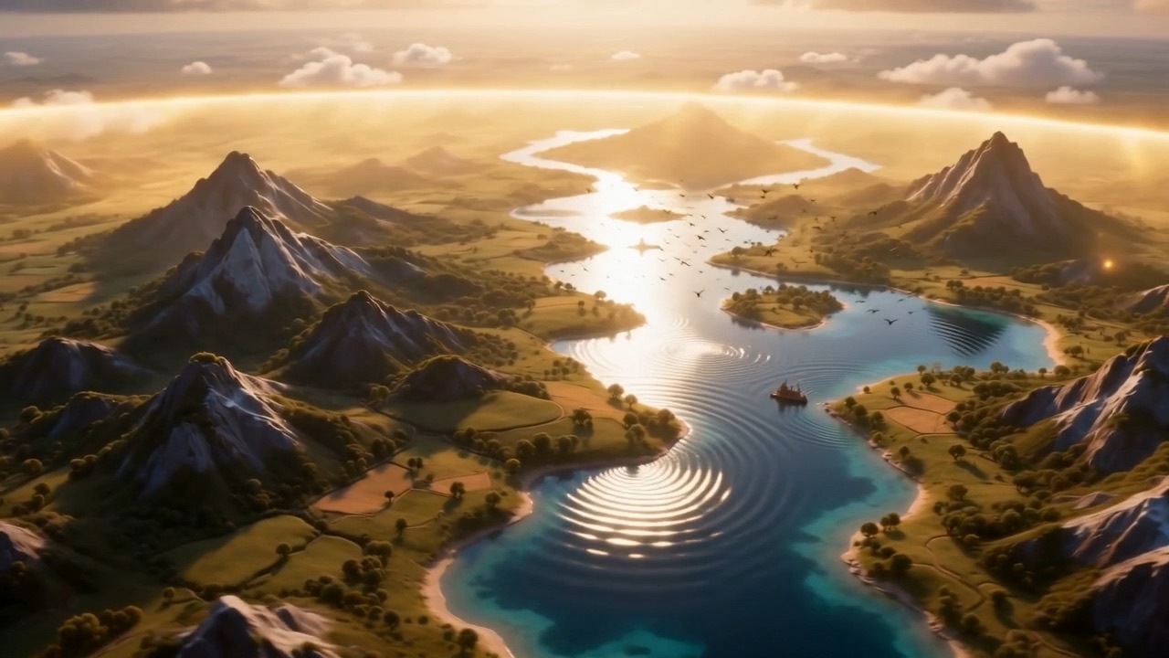 It crosses the map below — hills shivering, lakes wrinkling, birds lifting ahead of it