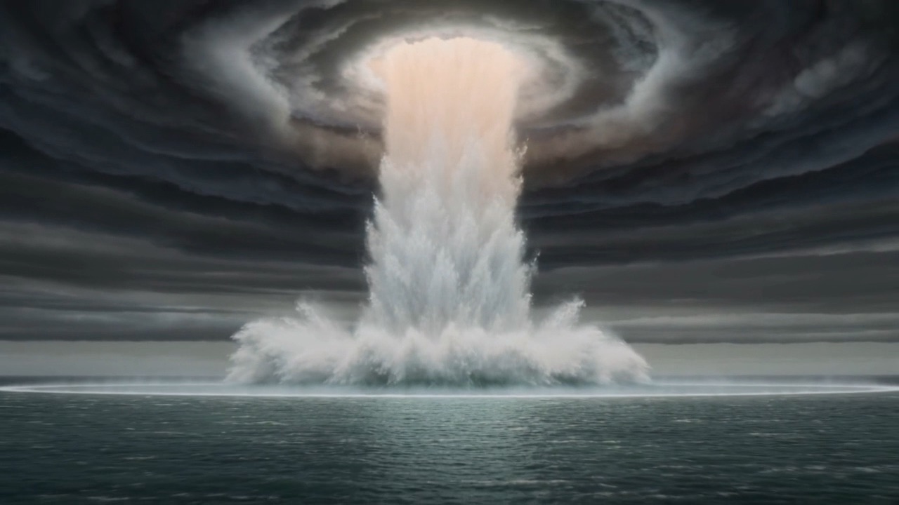 A pillar joining sea to sky, glowing from within, unhurried in its enormity