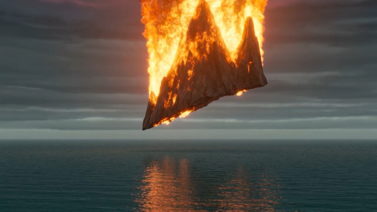 Its own fire reflected in the sea rising to meet it
