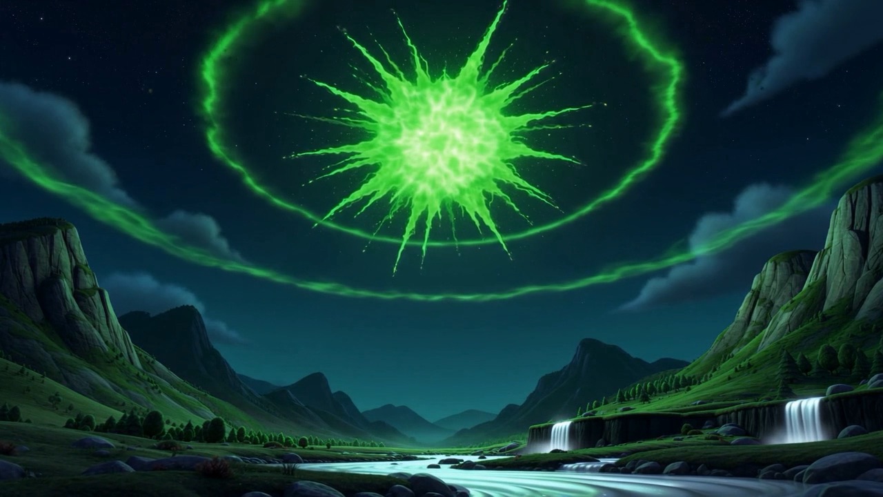 It bursts low over the valleys in one silent green flash