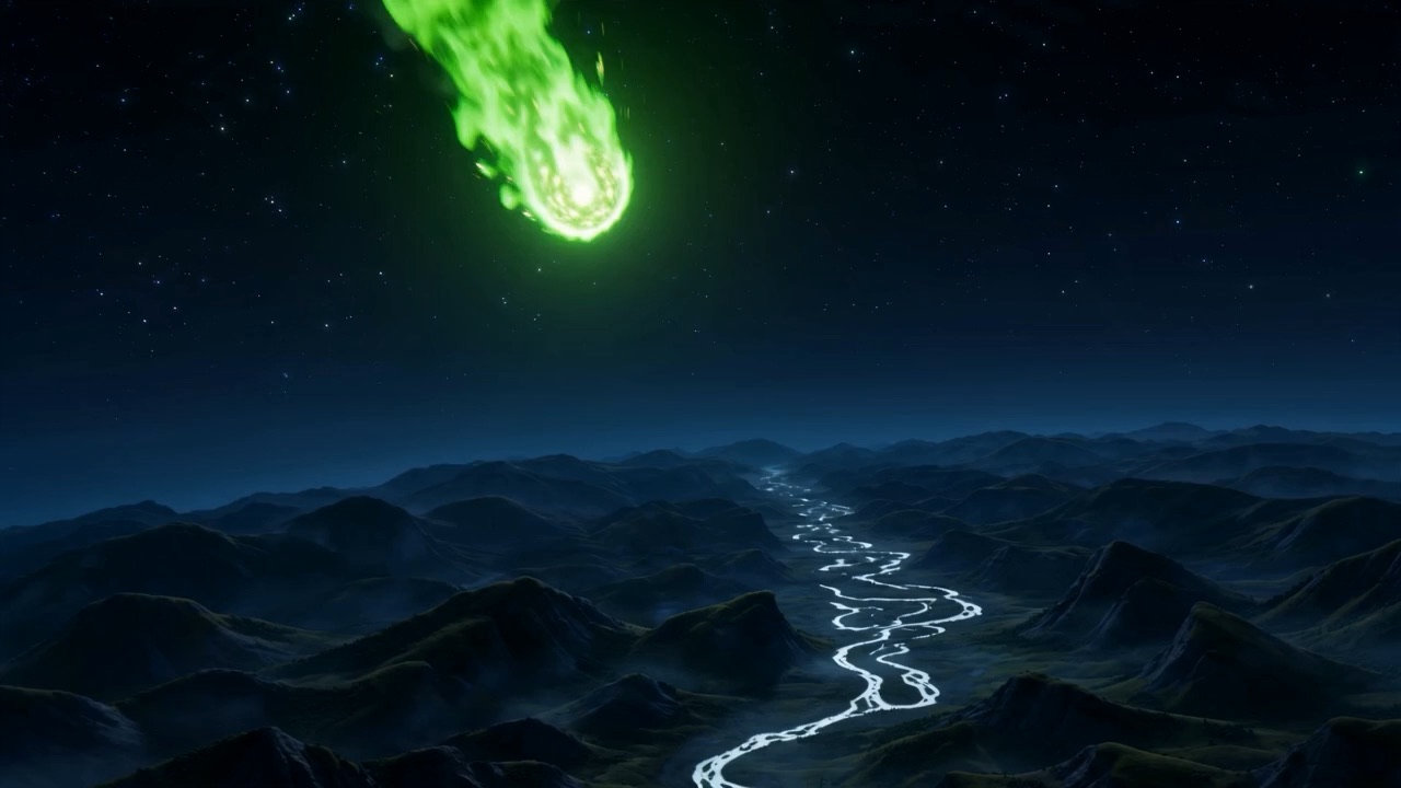 A star comes loose from the high dark over the river-lands