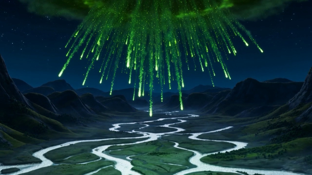 Its glowing dust rains down across the braided silver waterways