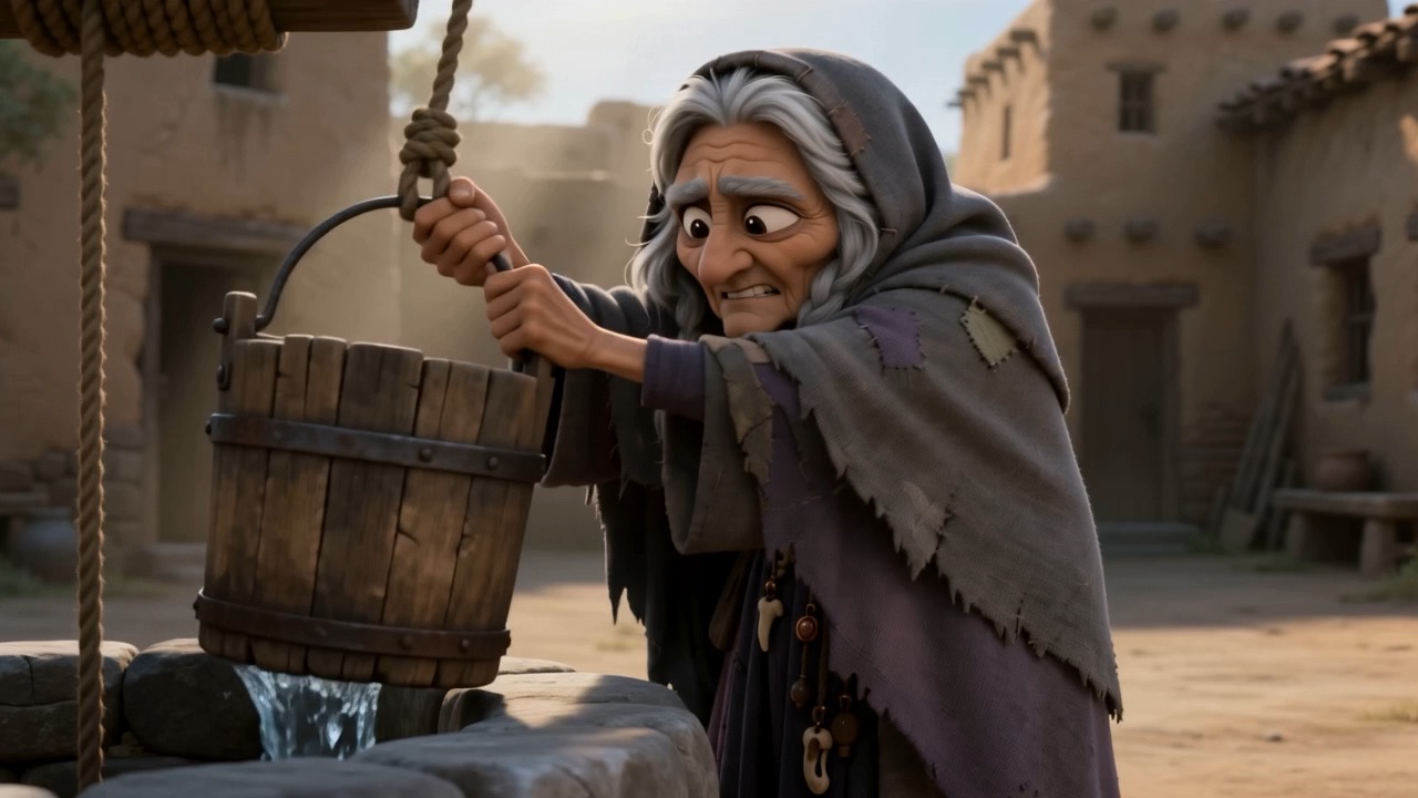 An ordinary morning: a woman hauling the well-rope, hand over hand