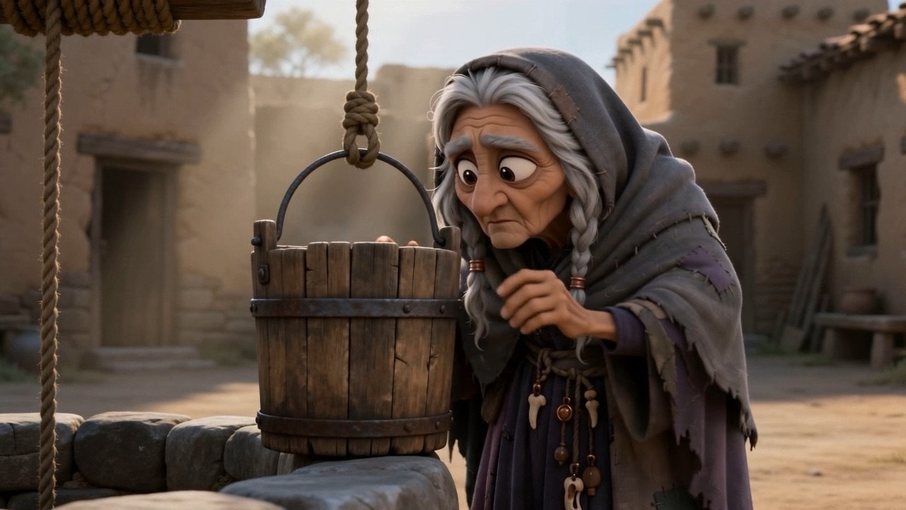 The bucket comes up brimming. She swings it to the well-ring — and pauses
