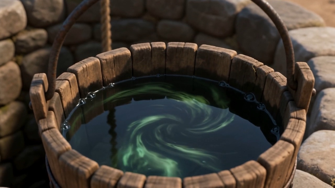 In the bucket, the water is already darkening — a green-black bloom curling up out of it
