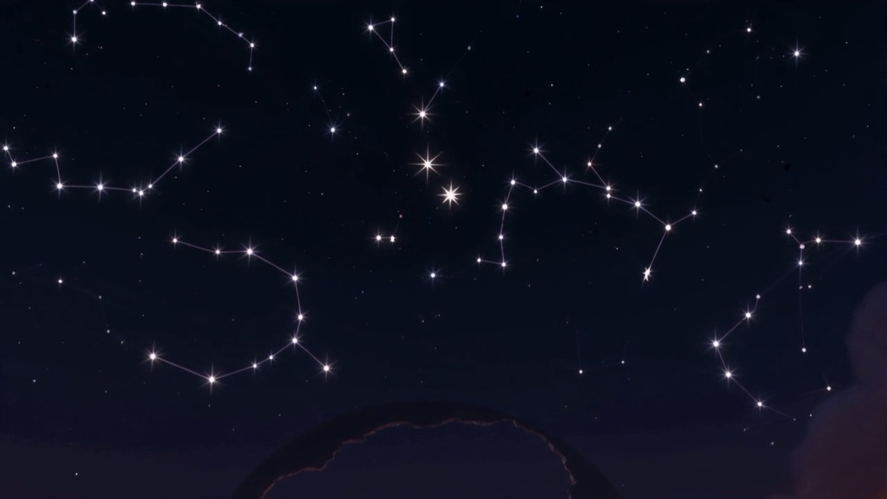 Constellations with teeth knocked out, and a bitten moon coming up under them