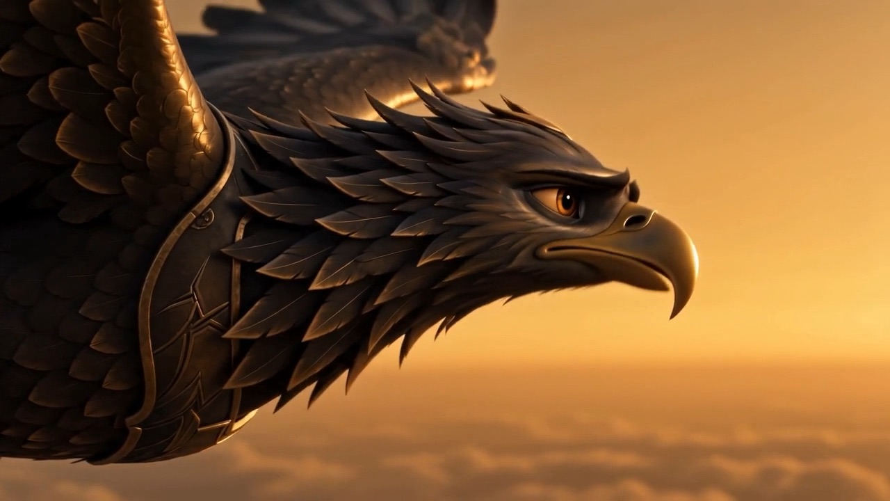 Feathers of storm-bronze. The noble head set straight ahead, an eye like a dark sun