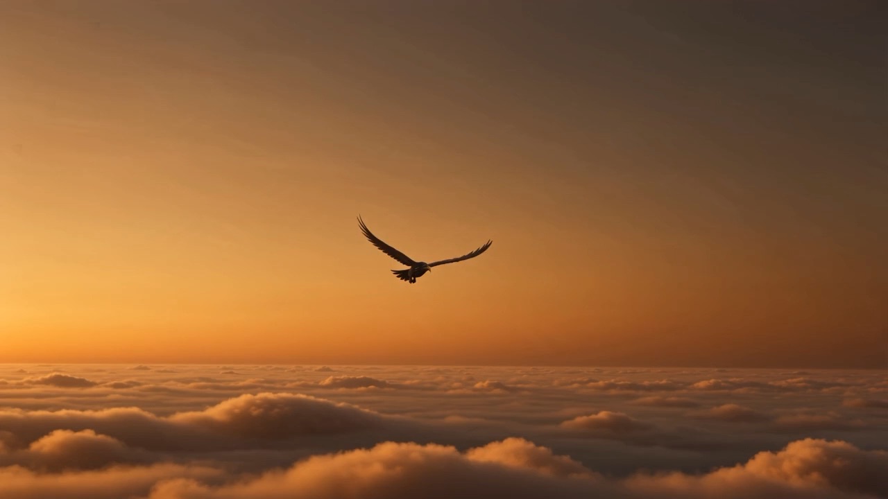 The vast middle of the sky at dusk — deserted, and crossed by one flyer, wingbeats slow as tolling