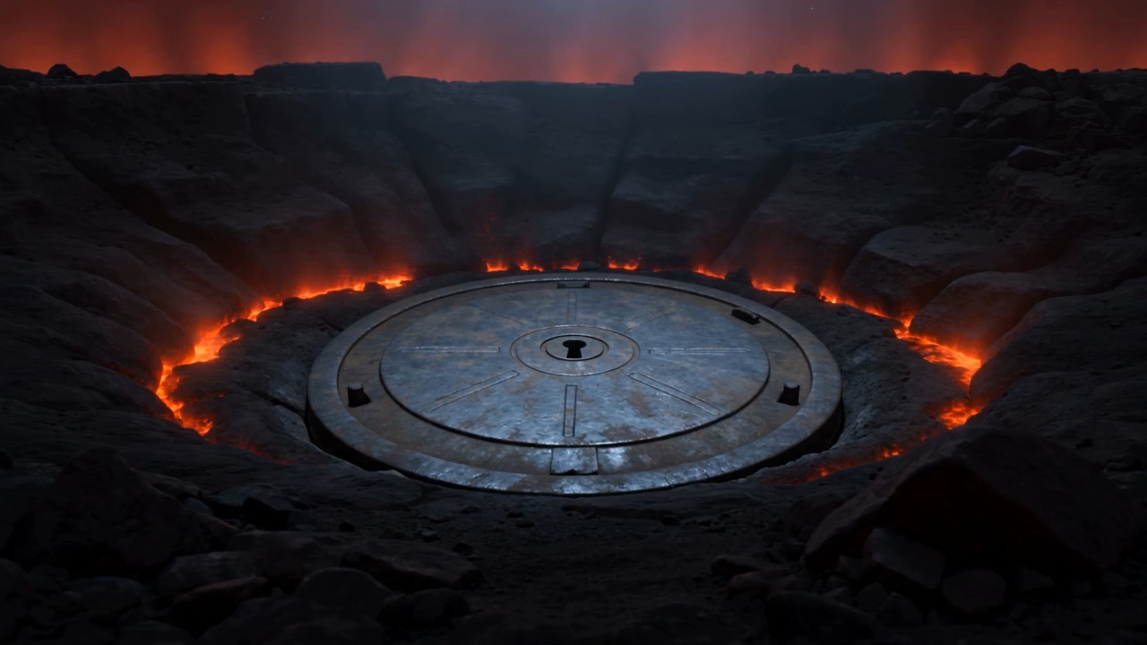 A blasted highland, and set flush in the scorched rock: a great round iron lid