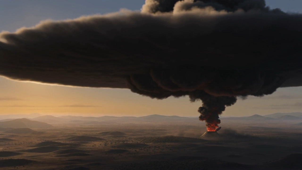 It mushrooms, flattens, and becomes weather: a lid of smoke sliding across the sky