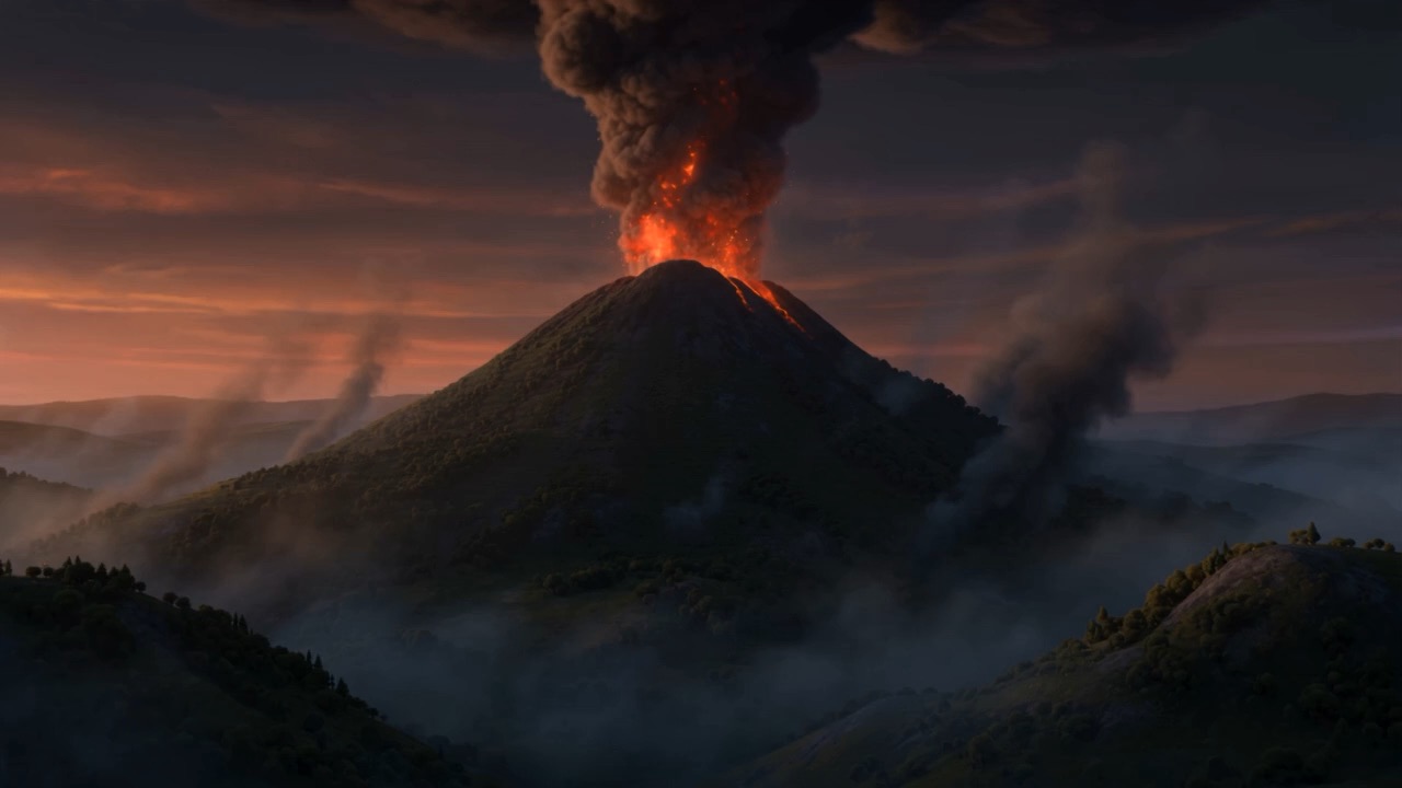 The plume still climbing over the hills, and the valleys going quiet under it