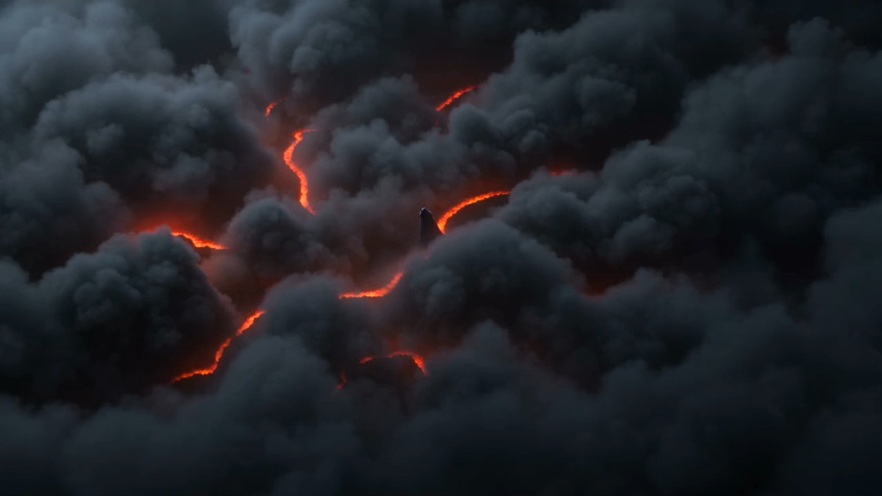 High in the smoke, above the flowing swarm, something rides