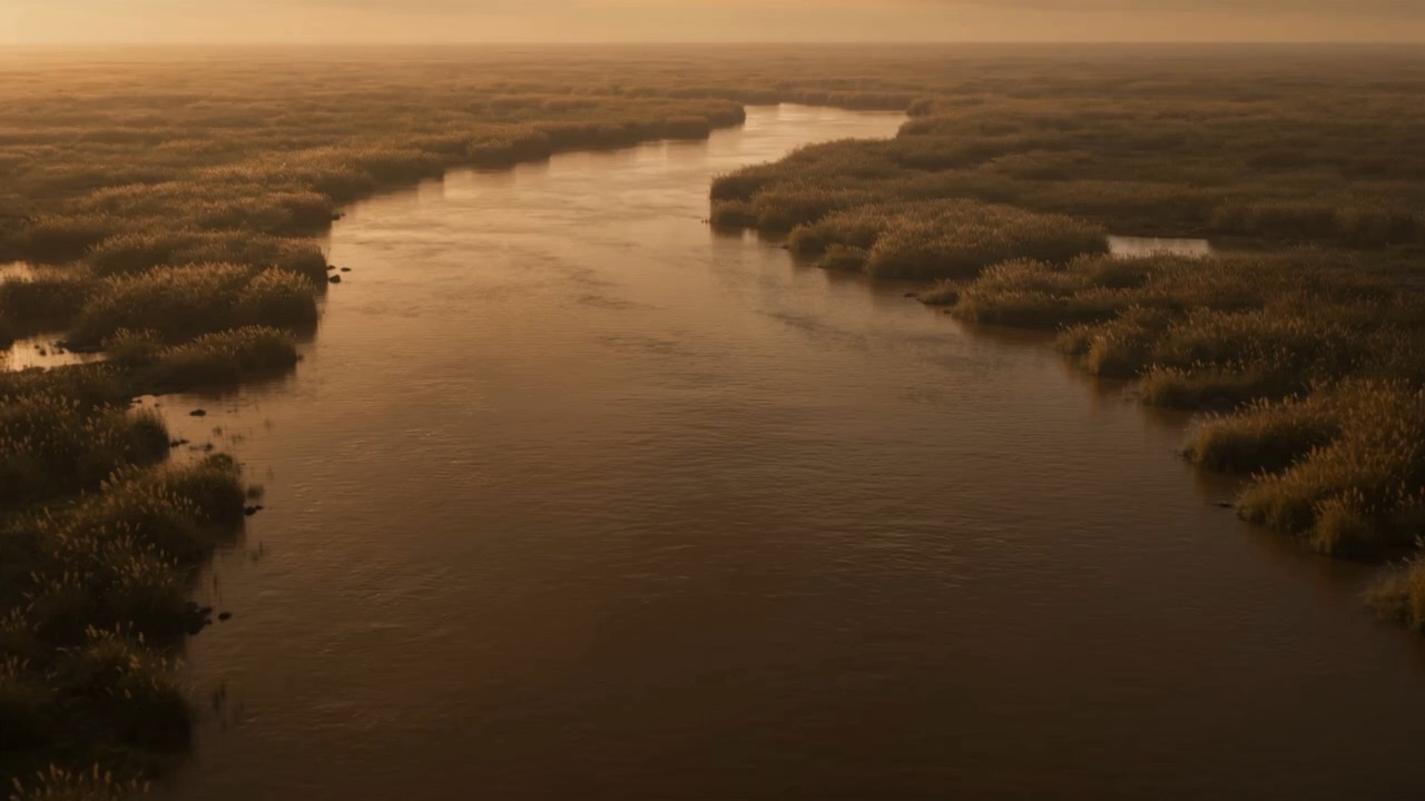 The great river running its ancient miles between reed-banks at dusk