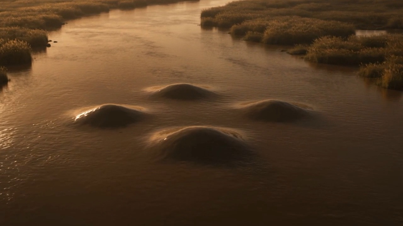 Then the water bulges — points along the current swelling upward, streaming