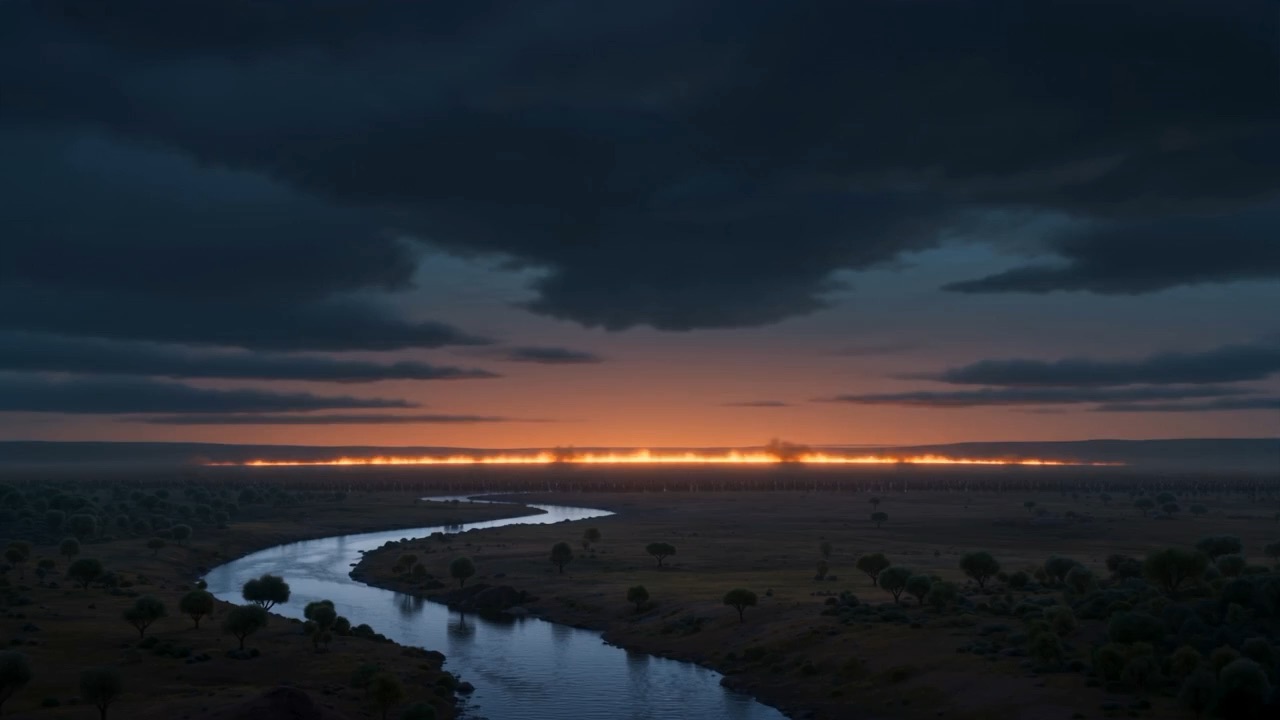 On the horizon, a line of fire from one edge of the world to the other