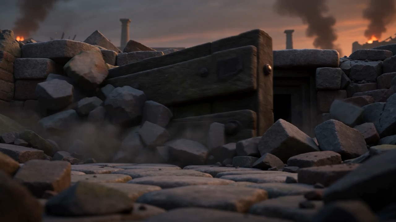 A cellar door heaves open through the rubble