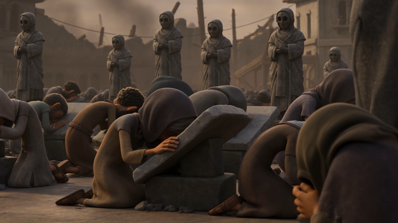 Down the square, a whole row of people go down on their faces