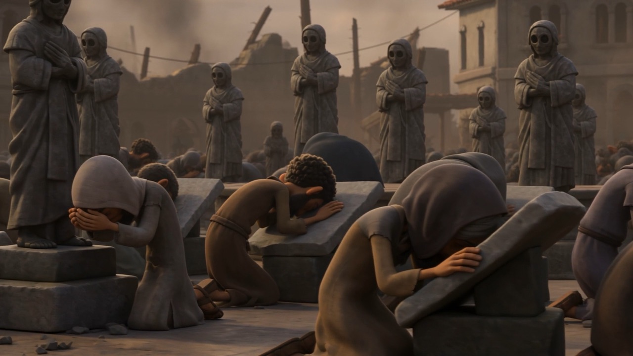 Foreheads to the broken flagstones, bowing together to statues with hollow eyes