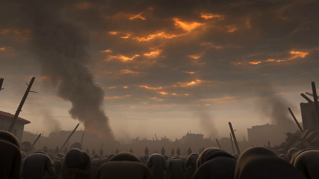 Bowed backs below. Heaven on fire above. Not one face turned up