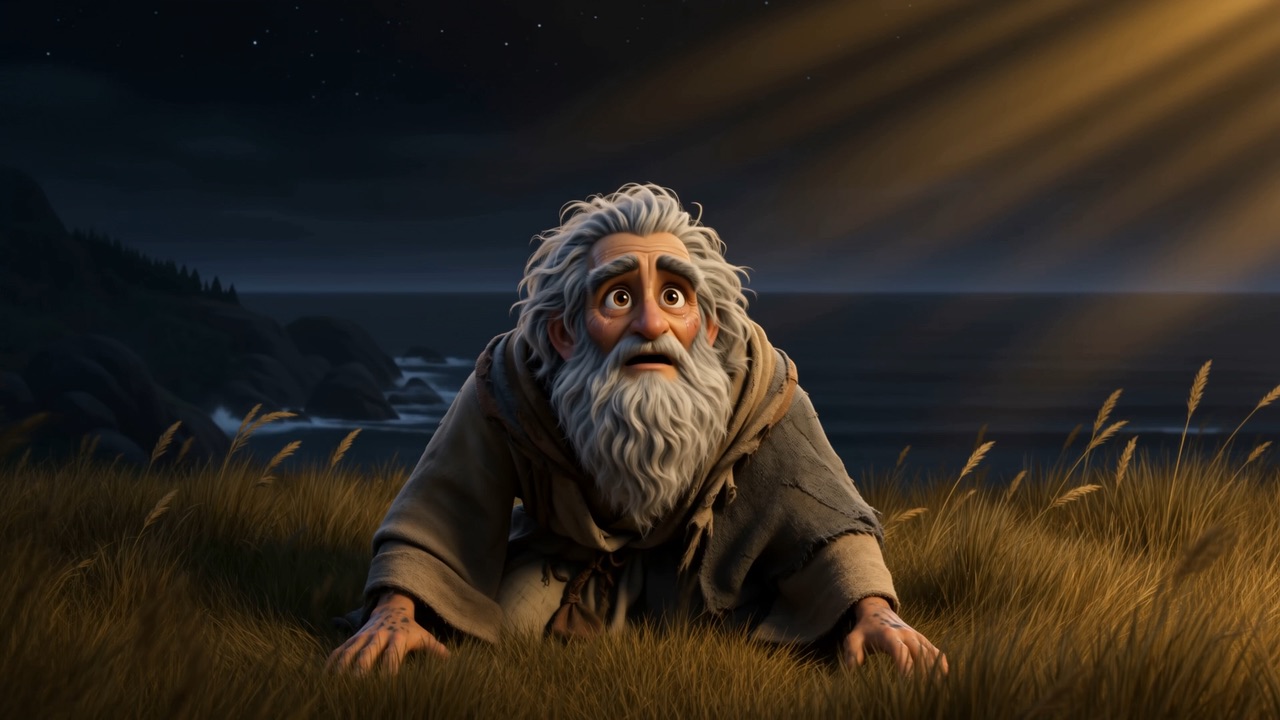 Far away, on a headland at night, an old man kneels in the wind-bent grass