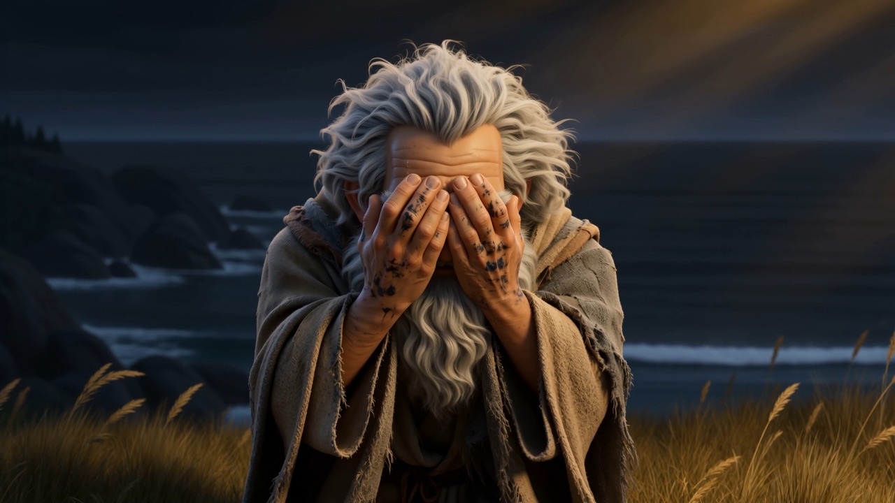 He lifts both ink-stained hands and covers his face, the way a man does at a graveside