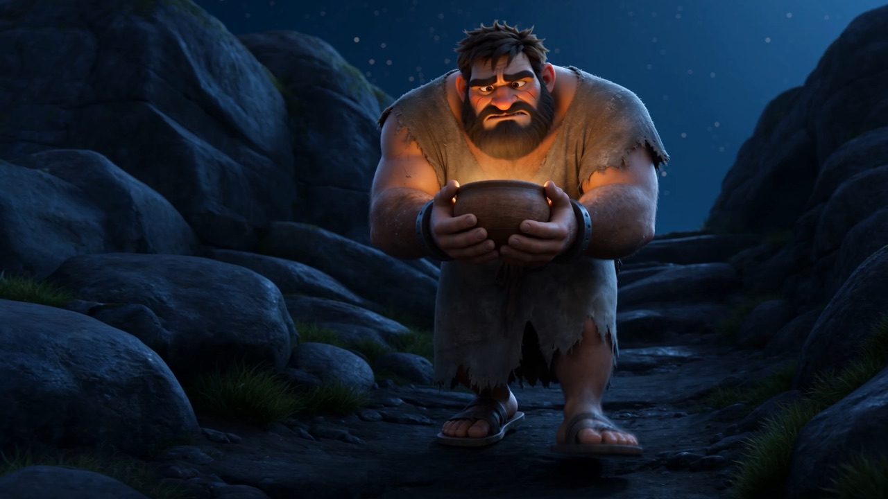 Up the dark path comes a knotted man with a steaming bowl in both hands