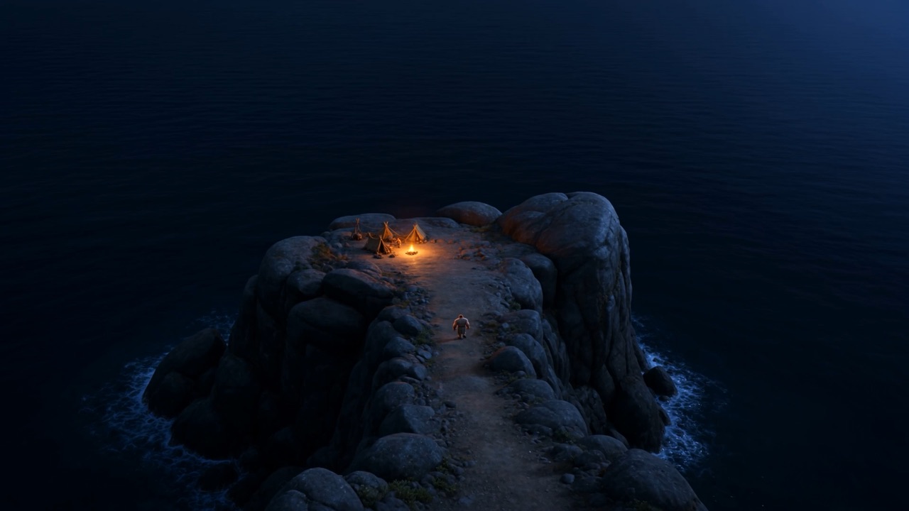 A small stubborn shape picking its way down toward the fire below