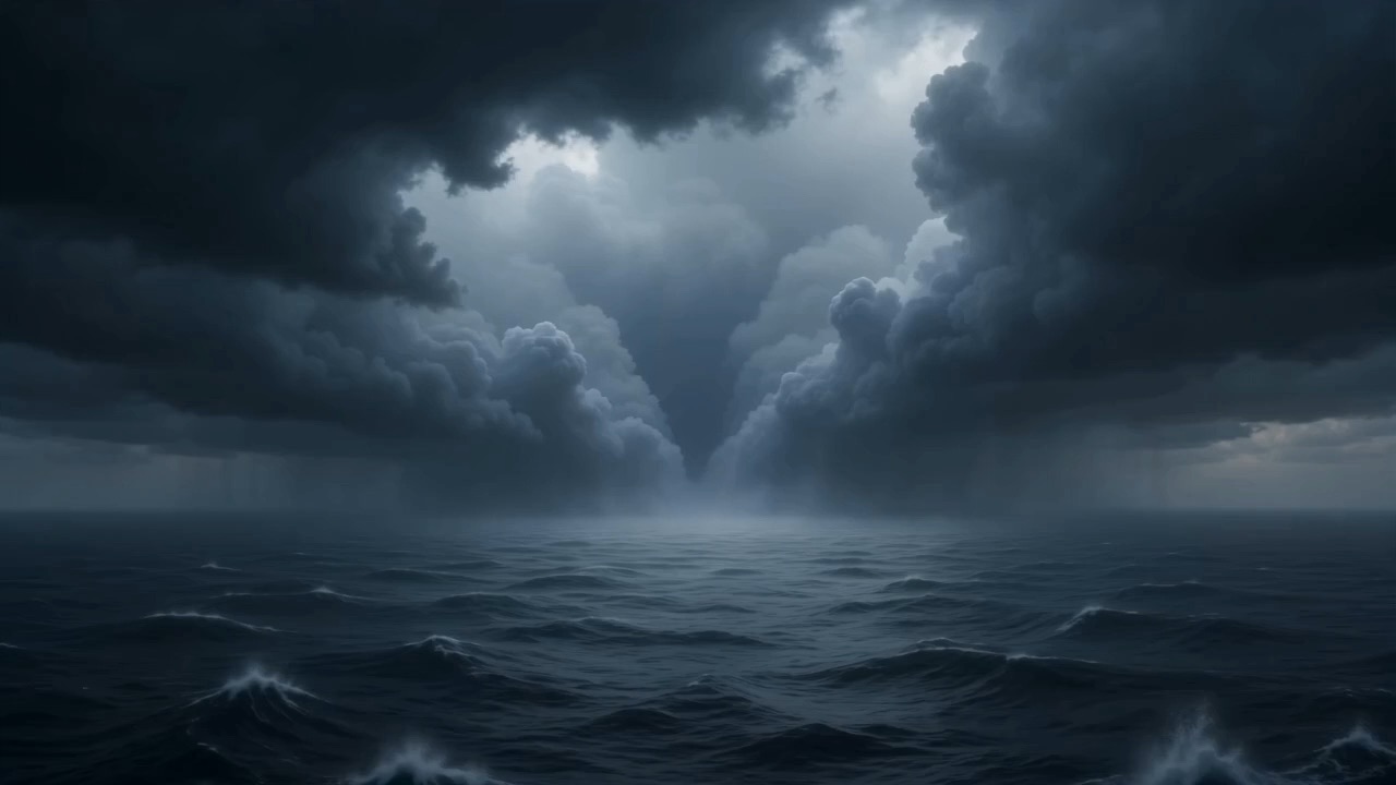 A grey ocean under towering storm-light, and the cloud-banks opening