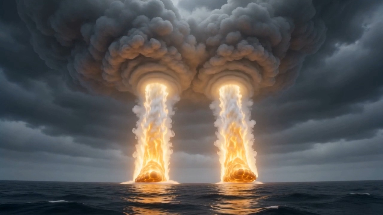 Two columns of slow white-gold flame come down out of the cloud