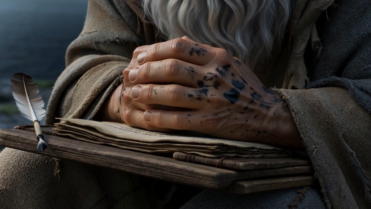 Hands folded over the closed page. Not his to finish