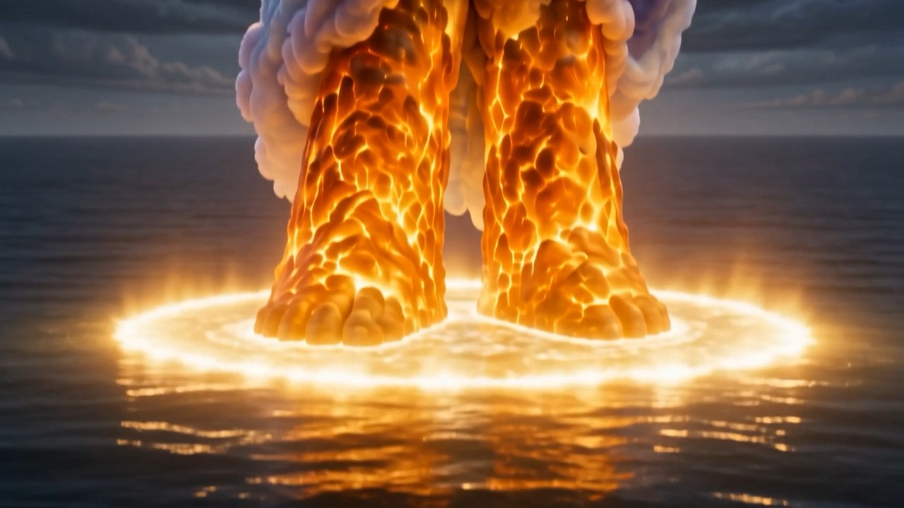 The words land on the water as light, brightening outward from a foot of fire