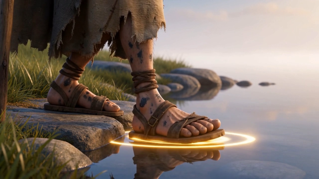 One worn sandal steps on — and the sea holds, firm as courtyard stone
