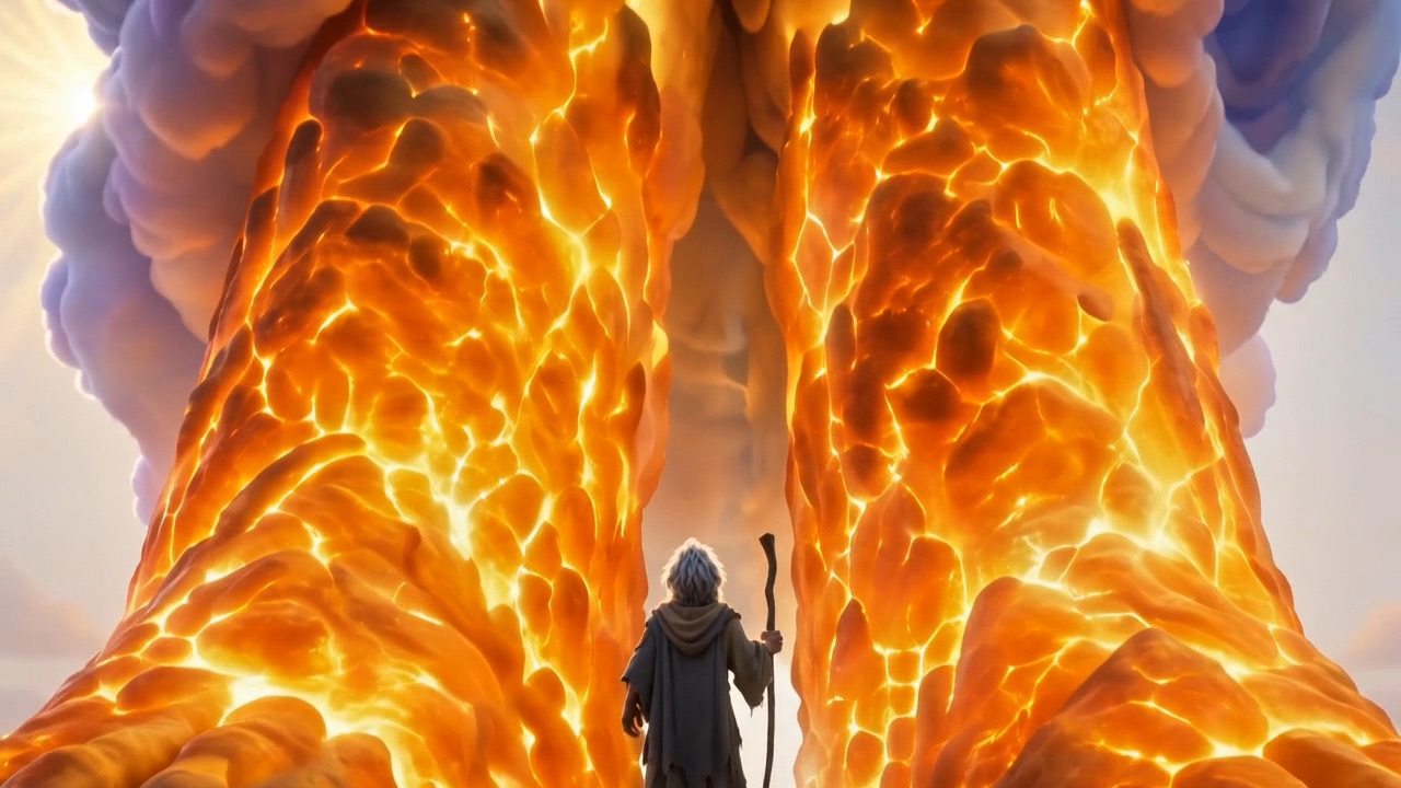 Until he stands between two burning columns and cranes his head all the way back