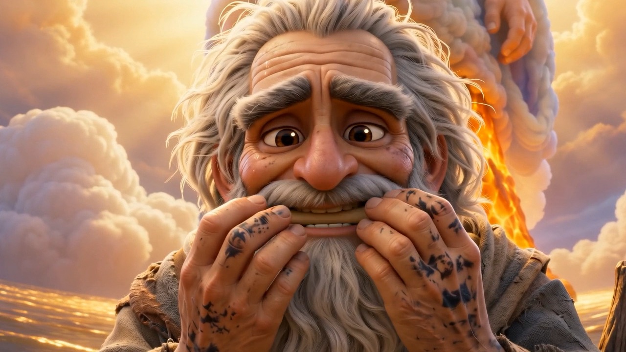 Chewing thoughtfully — and his eyebrows fly up