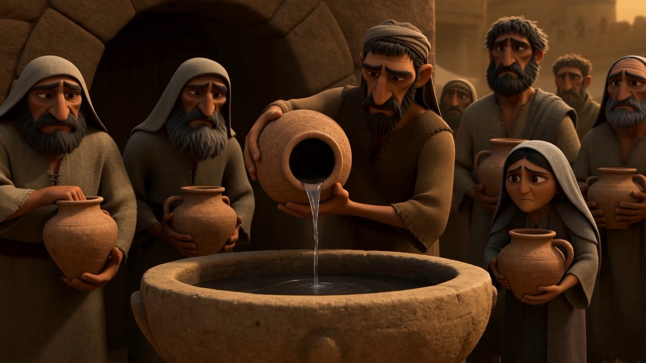 At the public cistern the jars queue for a thin rationed ladle-stream
