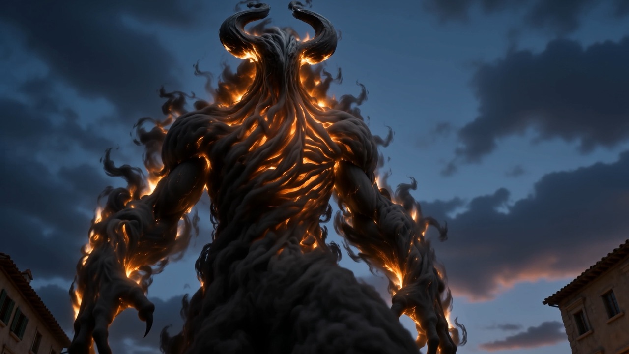 Out of the smoke of the pit, a horned mountain of darkness stands up over the roofs