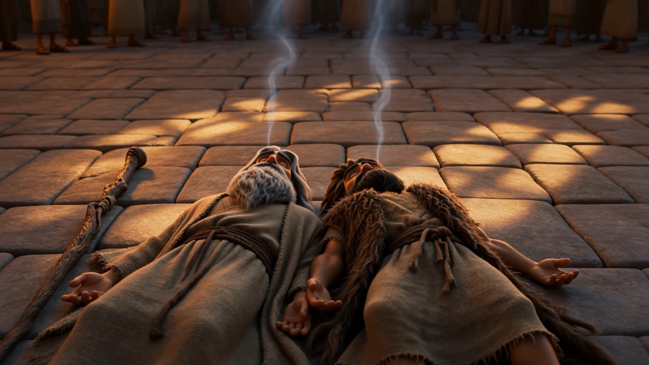 Down in the square: two still forms, side by side, as if asleep