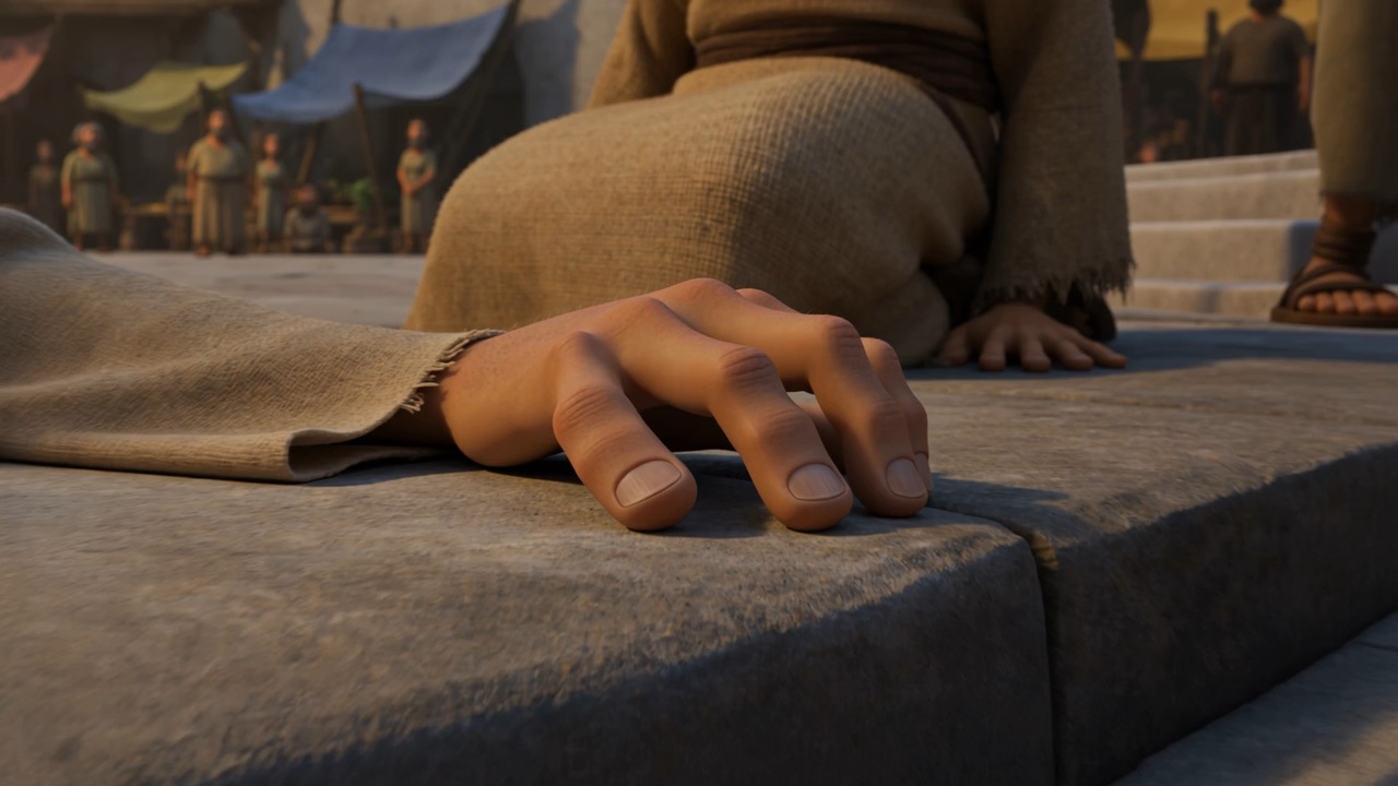 Day three and a half. An open hand on the stone — and the fingers curl